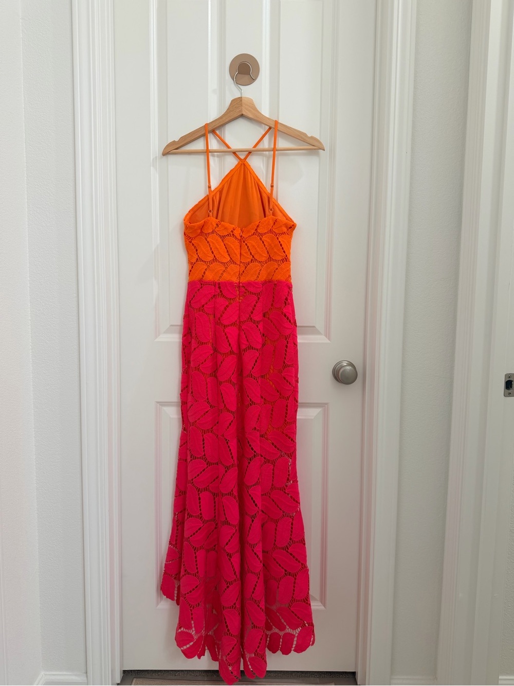 Vici Orange and Hot Pink Crochet Maxi Dress